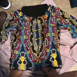 Blue and Yellow Graphic 3/4 sleeve swim wear cover top